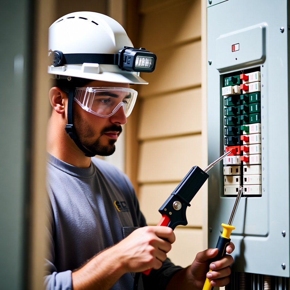 Electrician in Gaithersburg MD inspecting electrical panel with tools and safety gear.