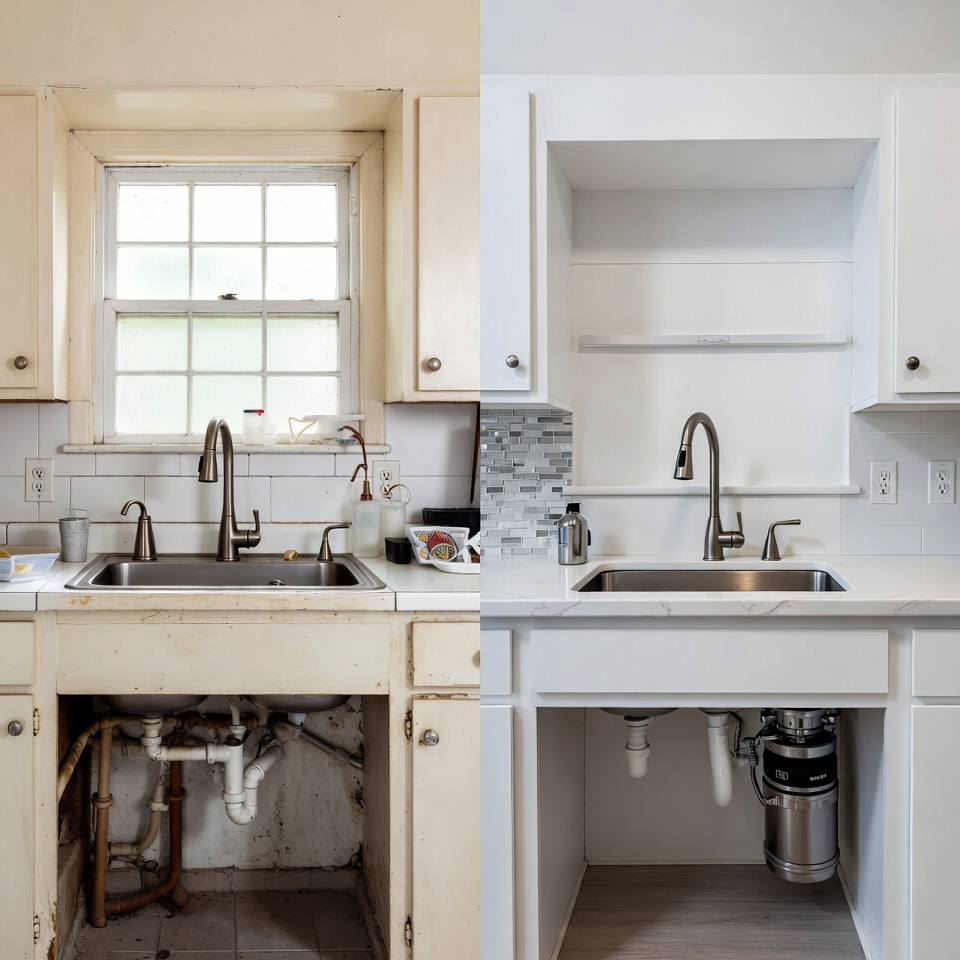 Before and after kitchen remodel showcasing updated cabinets, sink, and plumbing in Gaithersburg MD.