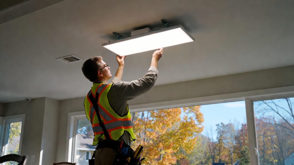 Plumber in Bethesda, MD Plumbing technician installing ceiling light fixture, Perfectum Plumbing services in Bethesda, MD.