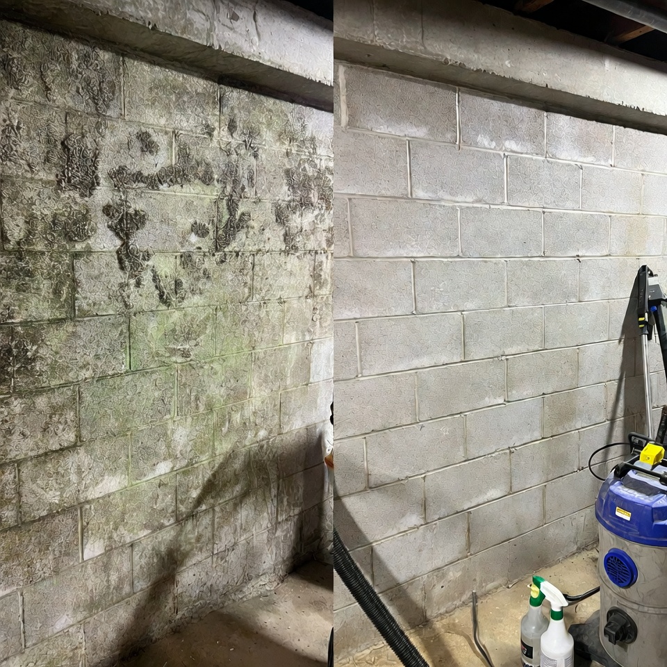 Before and after water damage remediation in Gaithersburg MD basement.
