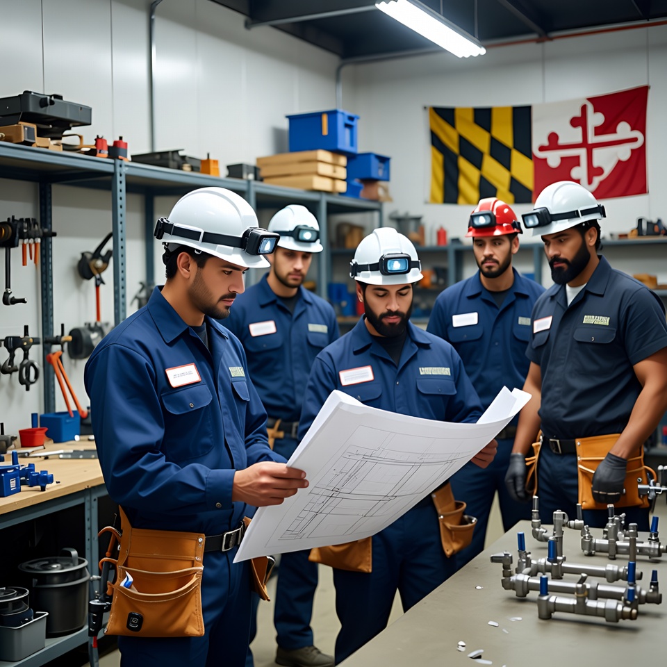 Plumbing Services Perfectum Plumbing team in Maryland workshop reviewing plumbing blueprints.