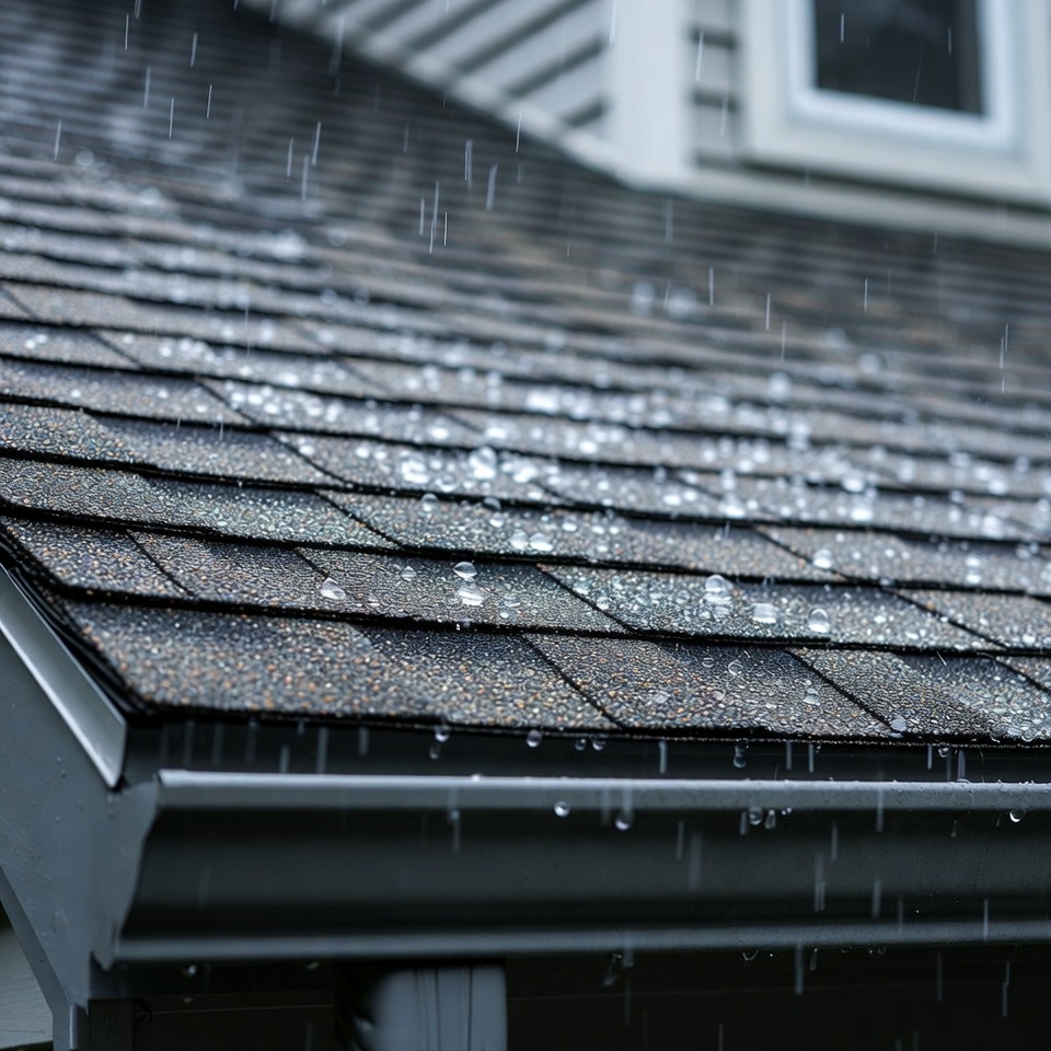 Dark asphalt shingles on a roof during heavy rain, protecting Gaithersburg homes.