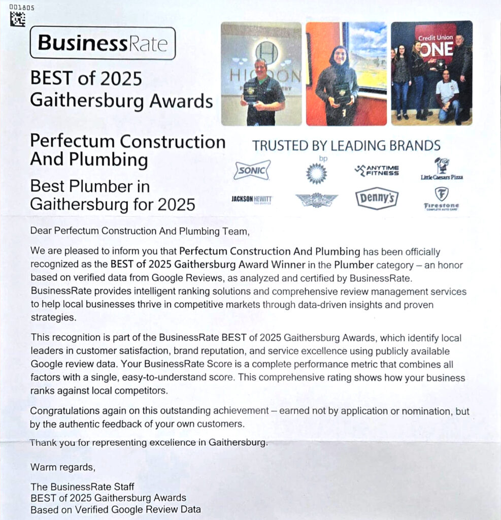 About us Perfectum Construction and Plumbing Best Plumber in Gaithersburg 2025 award certificate.