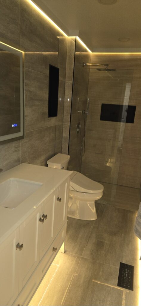 Gallery Modern bathroom remodel with tile shower and vanity by Perfectum Construction & Plumbing