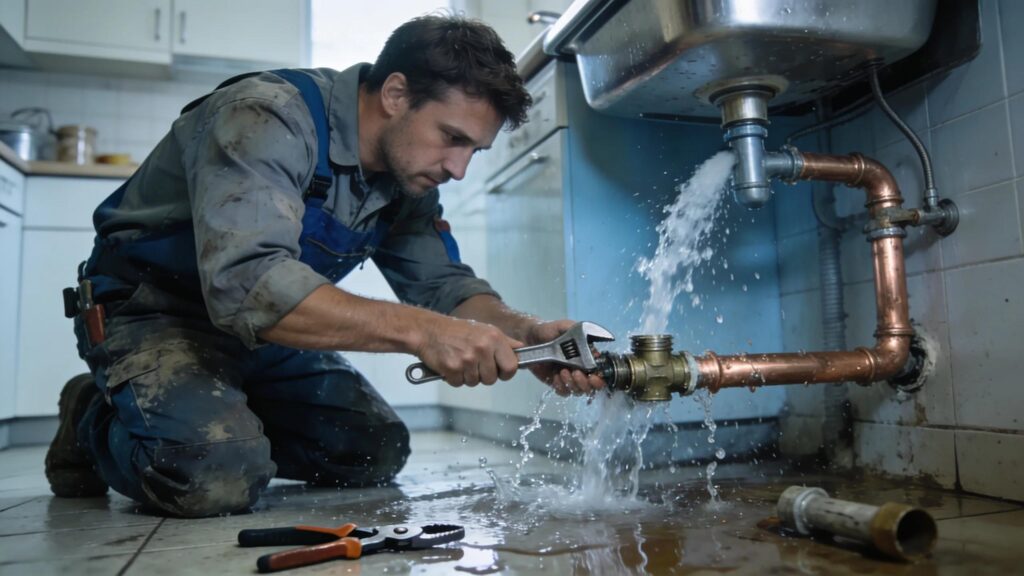 Plumber repairing a burst pipe during an emergency in a Gaithersburg home