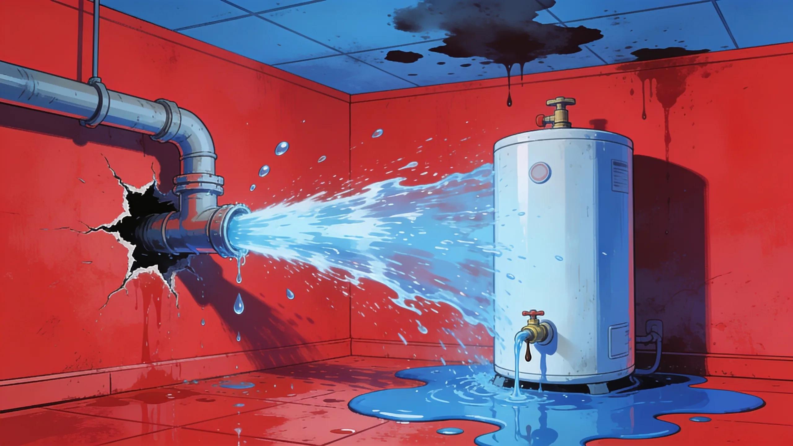 Instant Plumbing Repair Services in Gaithersburg, MD Visual representation of common plumbing emergencies including burst pipe and leaking water heater