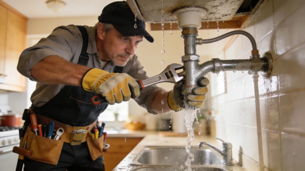 Plumber fixing a burst pipe in a residential home, emphasizing urgent plumbing services