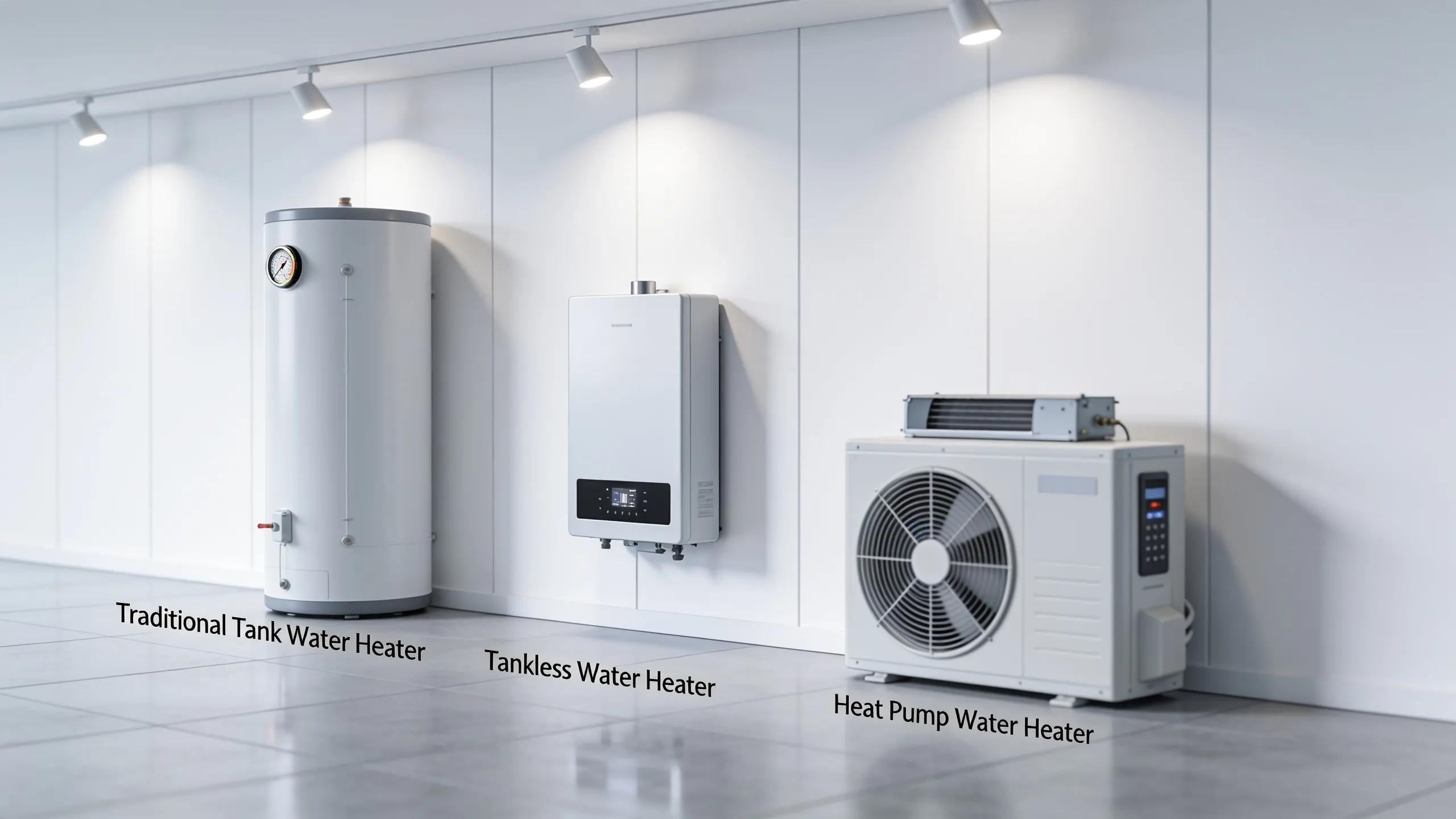 Reliable Plumber for Water Heater Setup in Gaithersburg, MD Display of different types of water heaters including tank, tankless, and heat pump models