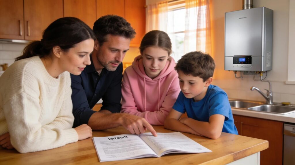 Family discussing water heater services in a cozy kitchen, emphasizing trust and reliability