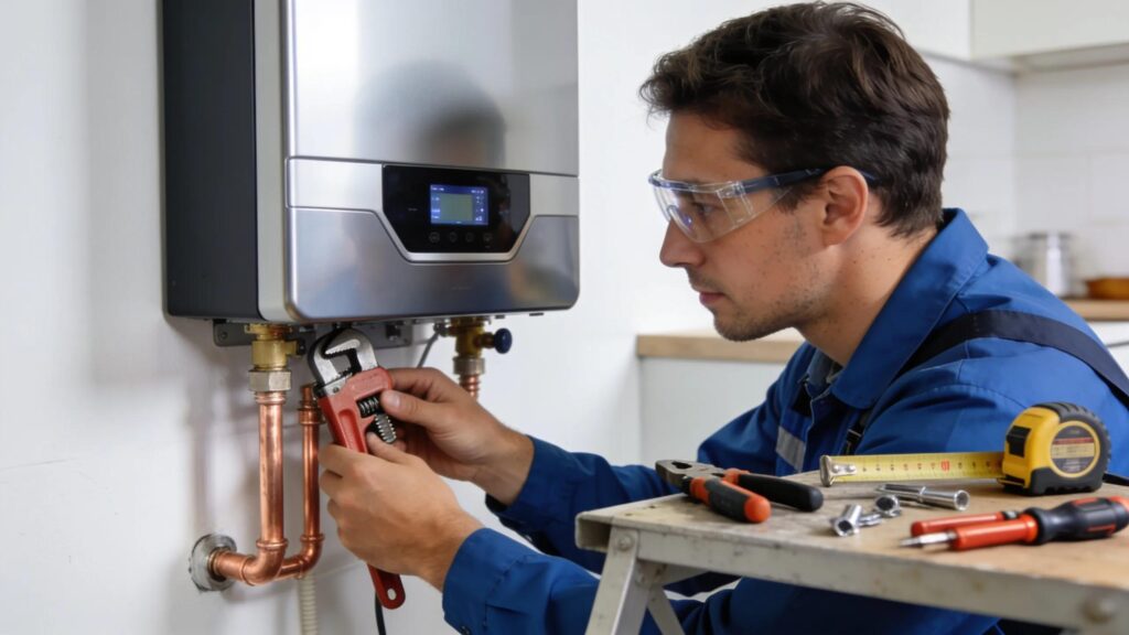 Plumber installing tankless water heater, demonstrating expert service in home plumbing