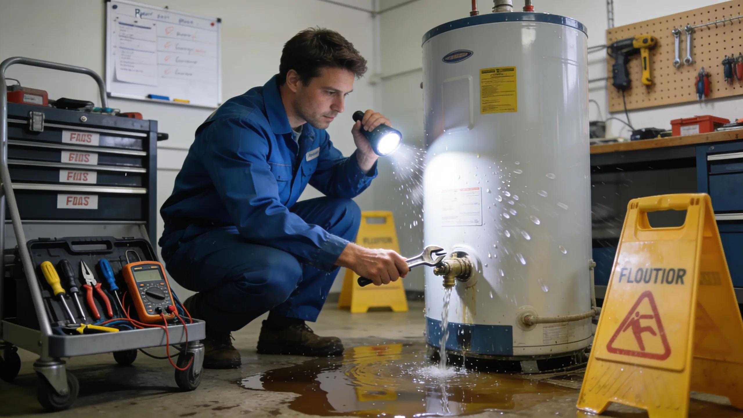 Is Your Water Heater Failing? 7 Urgent Signs to Watch For Technician inspecting leaking water heater, indicating urgent repair needs