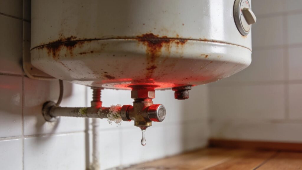 Water heater in a home setting showing wear and signs of repair needs