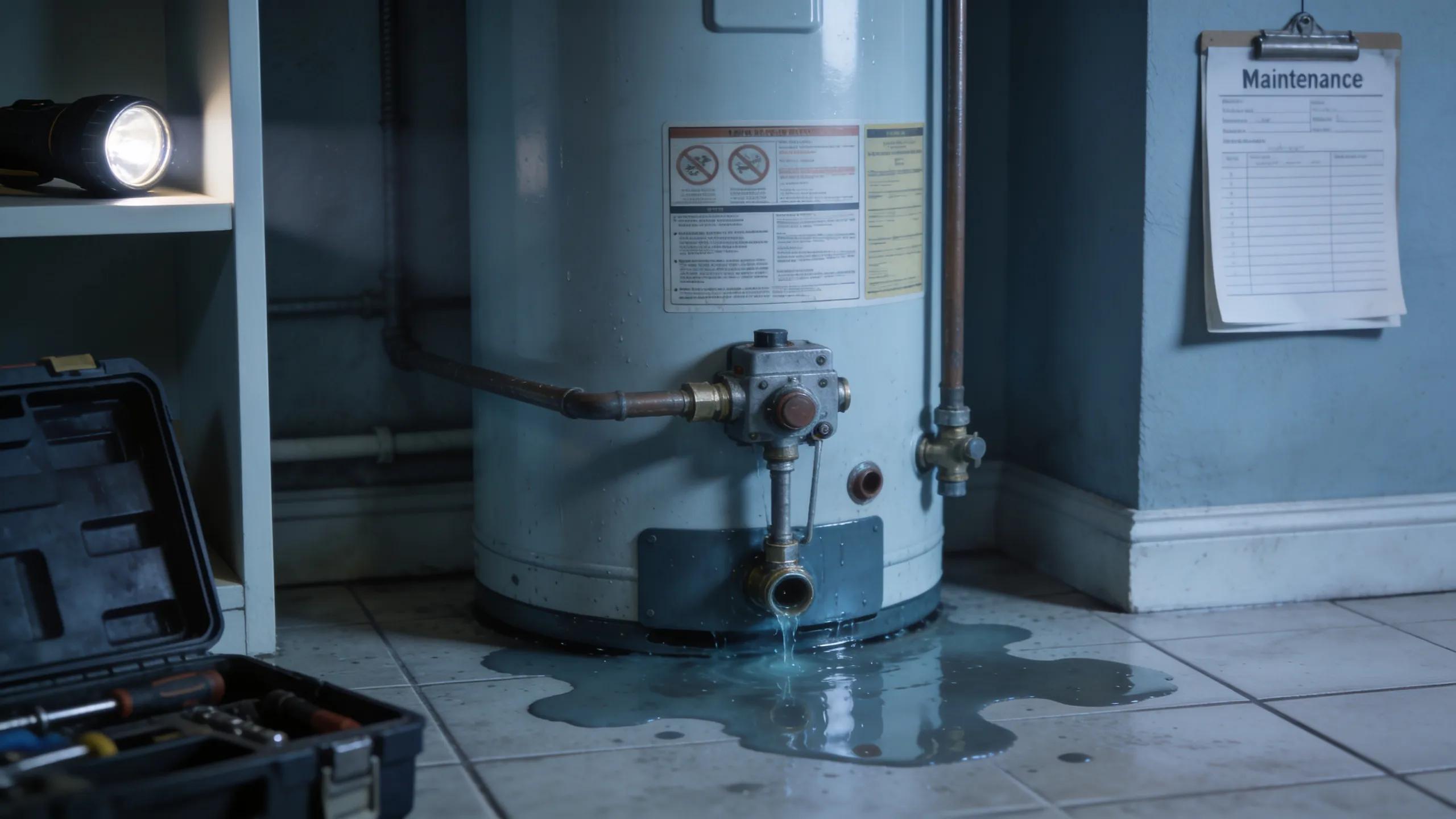Spot the Signs: 7 Warning Indicators for Water Heater Issues Close-up of a water heater with visible water pooling, emphasizing early leak detection