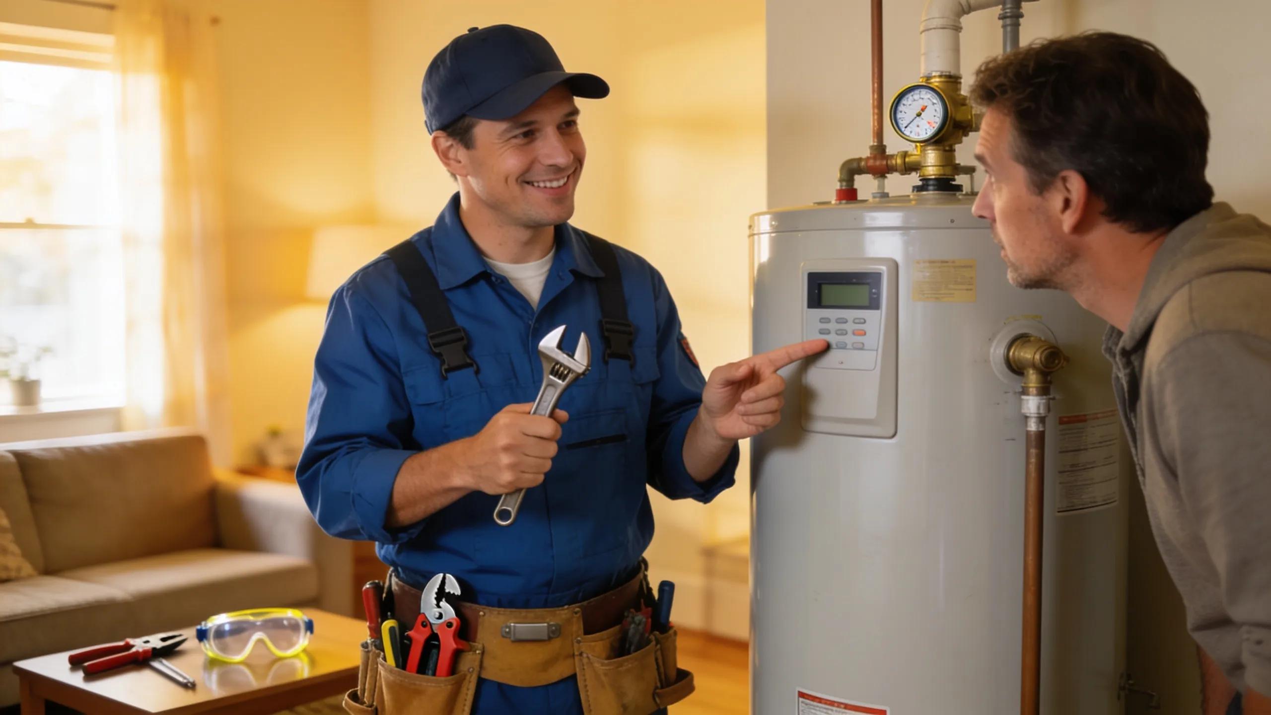 Emergency Water Heater Repair Services in Gaithersburg, MD Plumber explaining emergency water heater repair process to homeowner, illustrating steps of service delivery