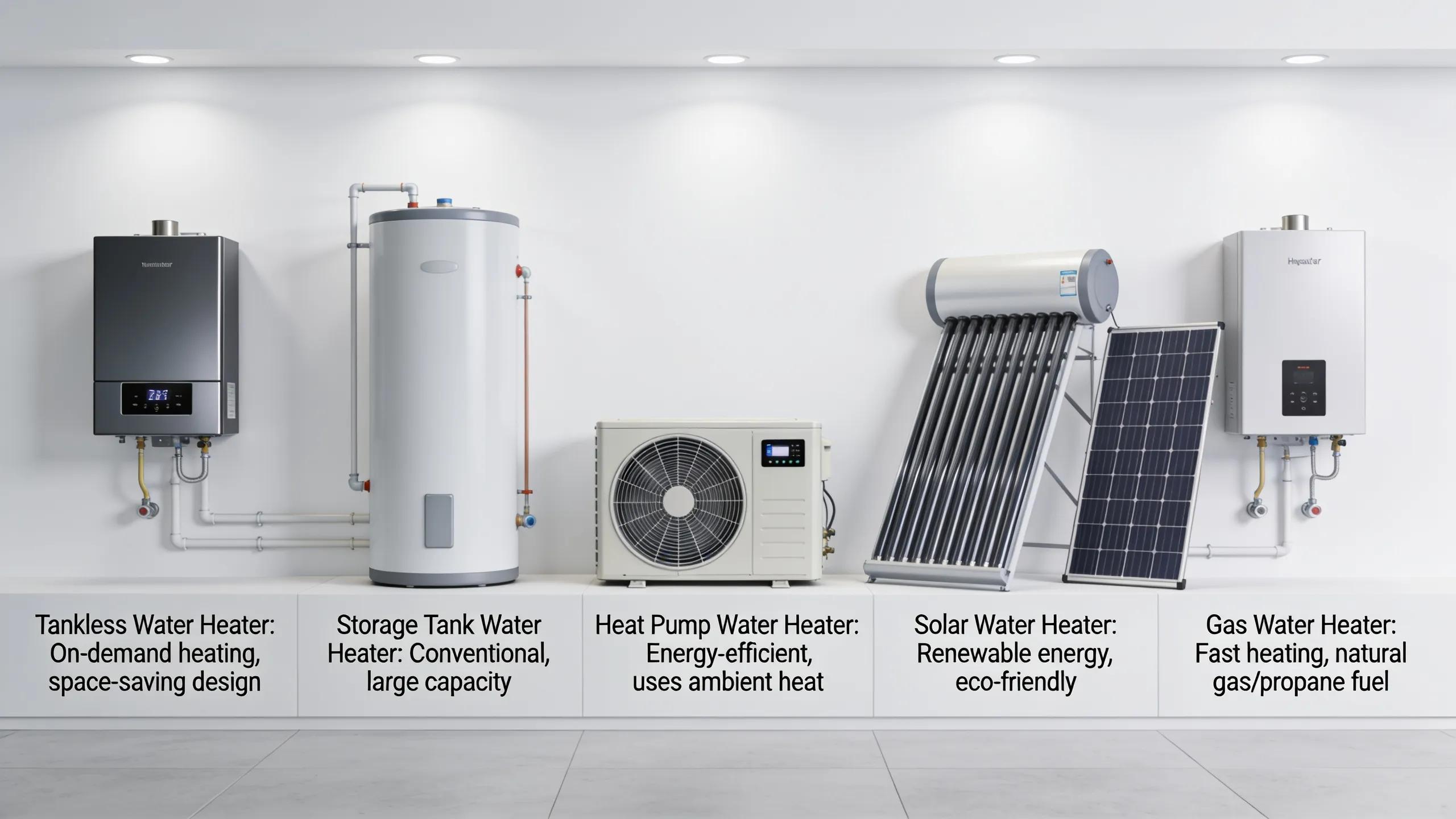 Spot the Signs: 7 Warning Indicators for Water Heater Issues Selection of various water heater types in a home improvement setting for informed decisions