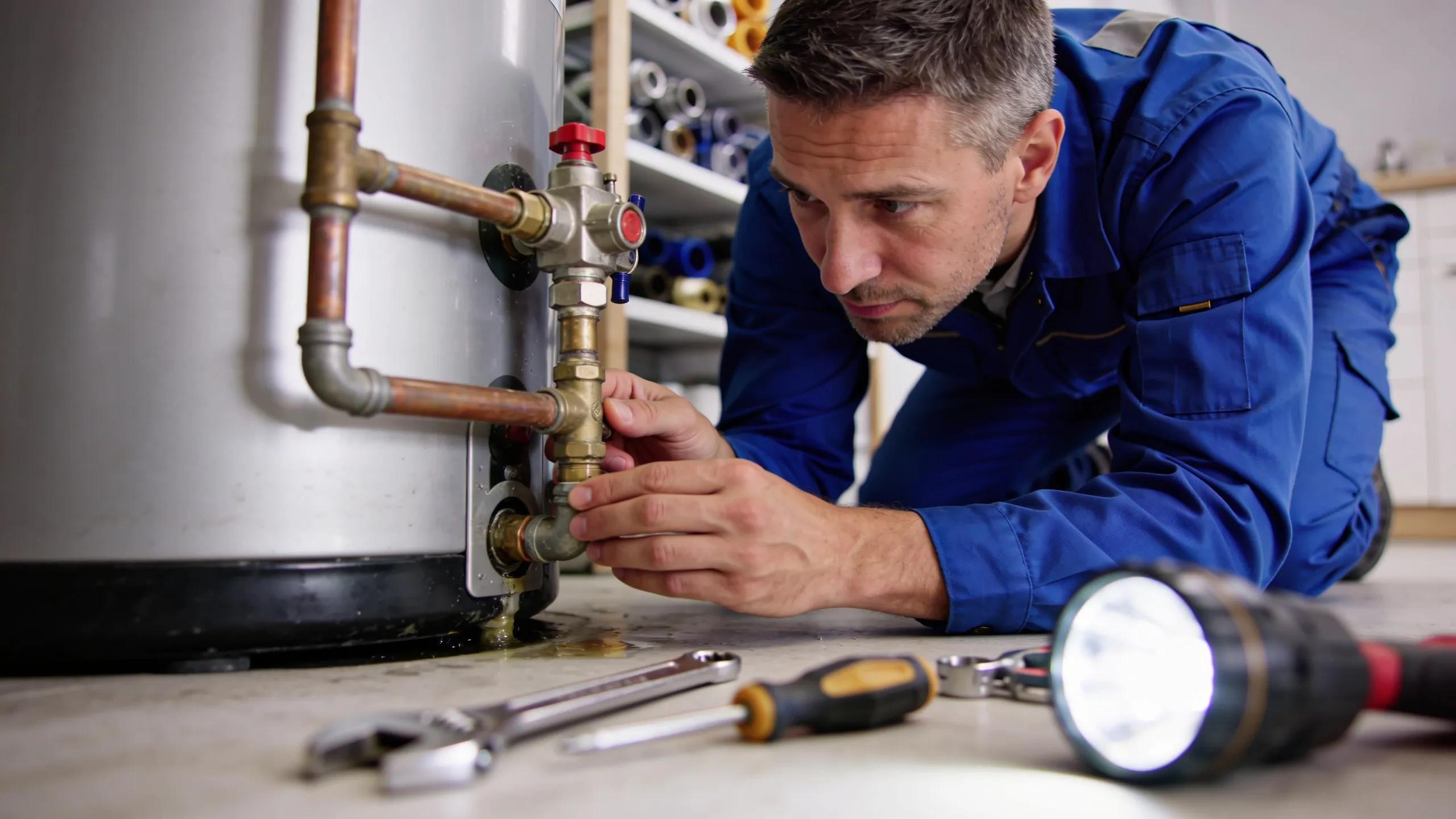 Top 5 Common Water Heater Issues in Gaithersburg, MD Plumber inspecting a water heater for common leak issues