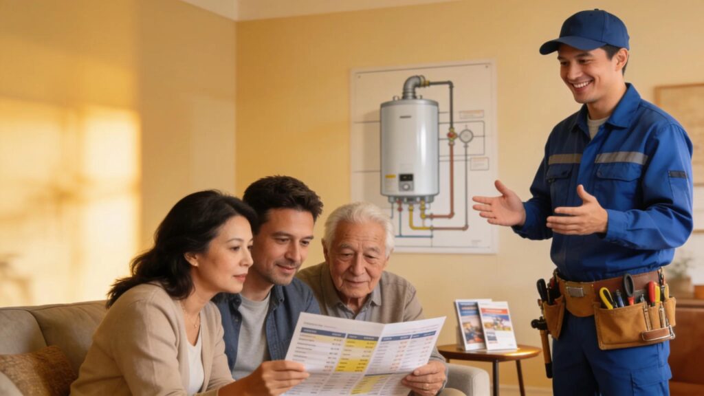 Family consulting a friendly technician about affordable water heater installation