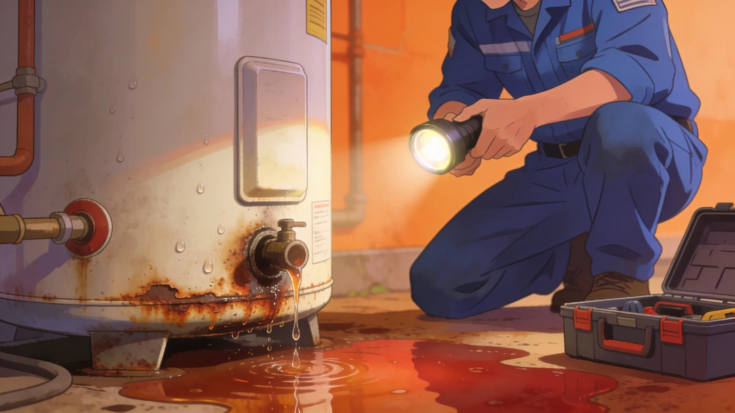 Emergency Water Heater Repair Services in Gaithersburg, MD Visual representation of common signs of water heater issues, highlighting leaks and rust for emergency assessment