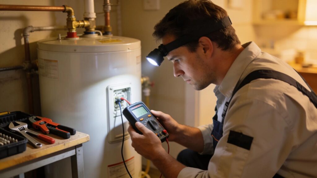 Licensed plumber inspecting a residential water heater, emphasizing urgency and reliability in emergency repair services