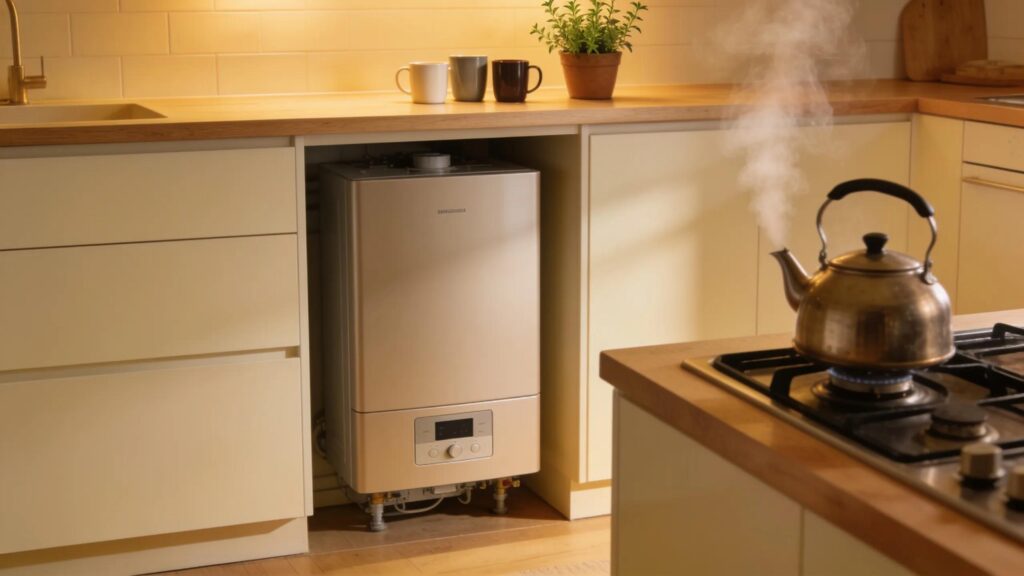 Modern water heater in a cozy kitchen symbolizing reliability and daily comfort