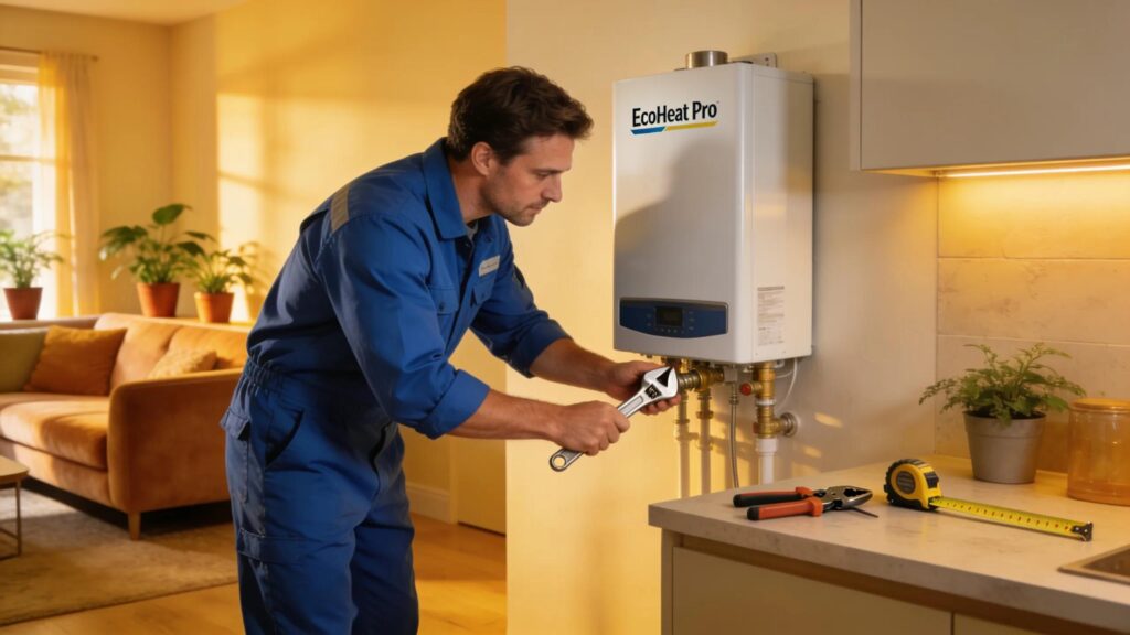 Modern water heater installation by a licensed plumber in a cozy home environment